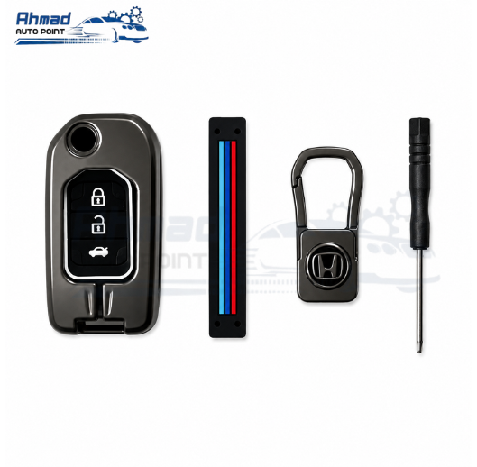 A Honda key fob cover kit by Ahmad Auto Point, featuring a black protective case for a key fob, a black sleeve with the iconic M-Design stripes (blue, purple, red), a black carabiner clip with a Honda emblem cutout, and a black screwdriver, all arranged on a white background.