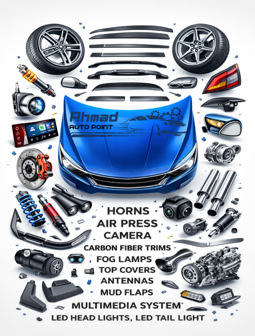 Collection of car parts with 'Ahmad Auto Point' branding on a white background